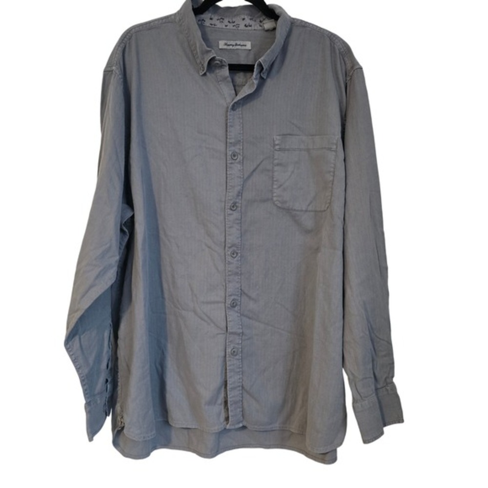 Tommy Bahama Mens Gray Herringbone‎ Button Down Shirt XXL Tencel Lyocell Blend
